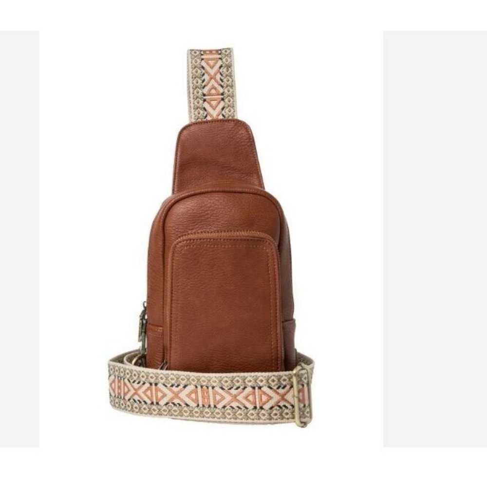 Urban Originals Brown Leather Crossbody Sling Bag with Patterned Strap